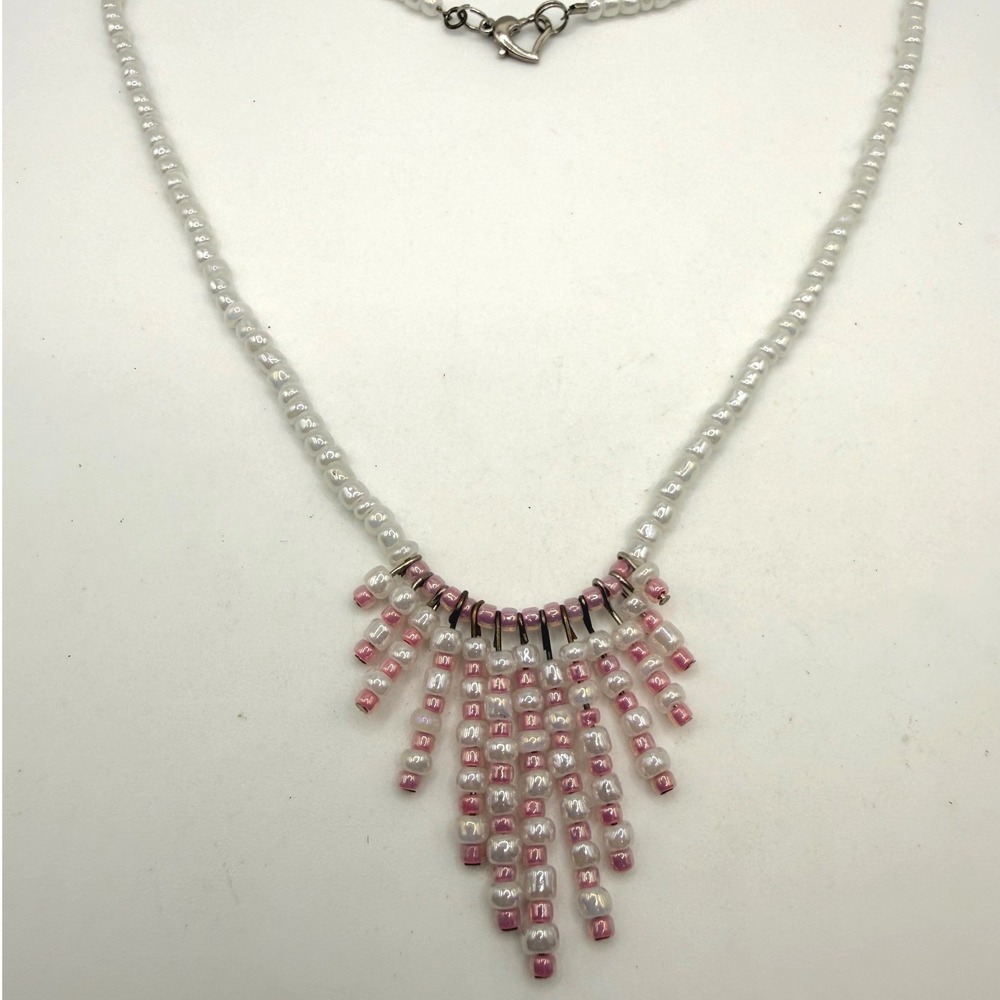 Handmade Pink White Iridescent Seed Bead Fringe Bib Necklace Heart Clasp 16in